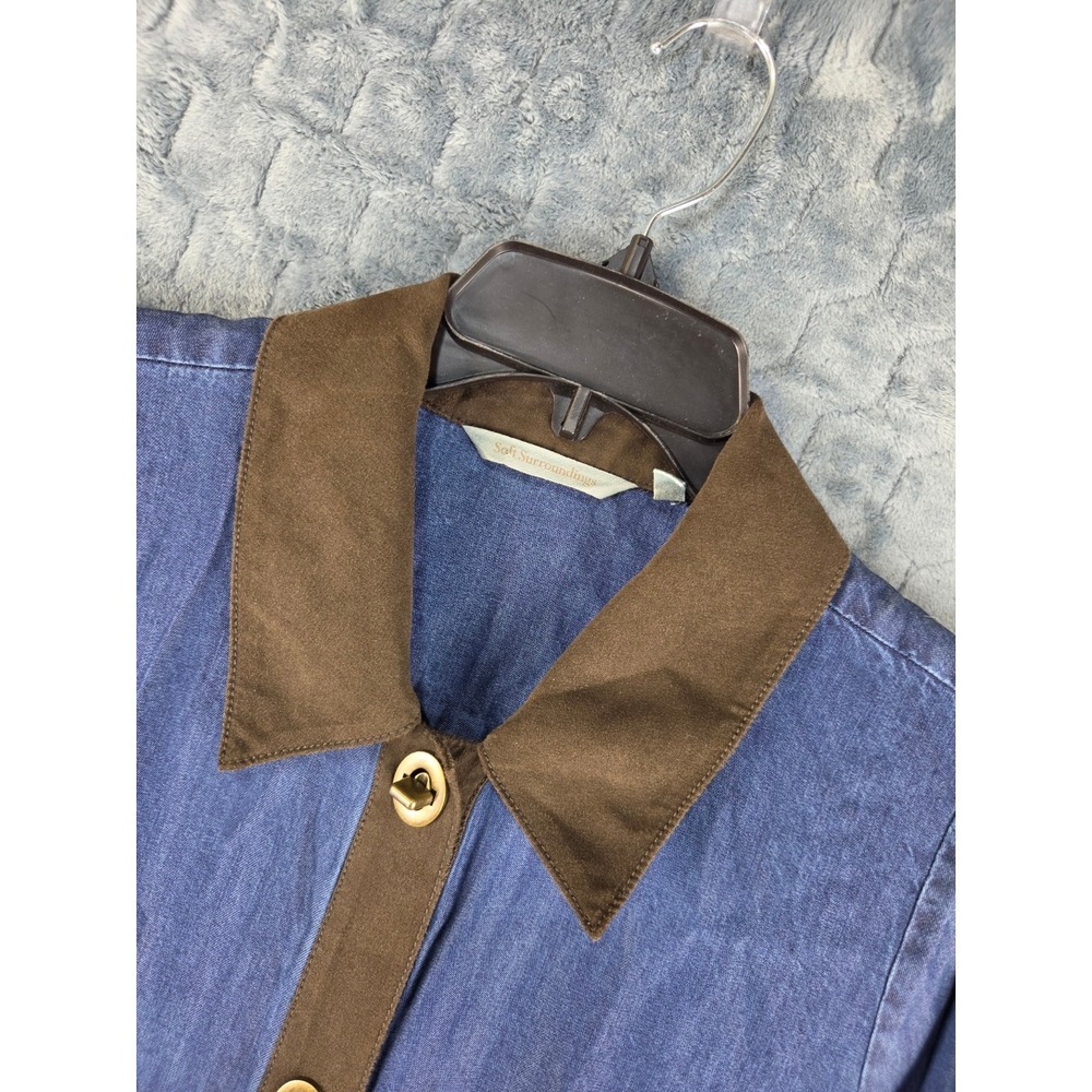 Soft Surroundings Blue Tencel Denim Dress Brown Suede Trim PS Turn-Lock 3EL70